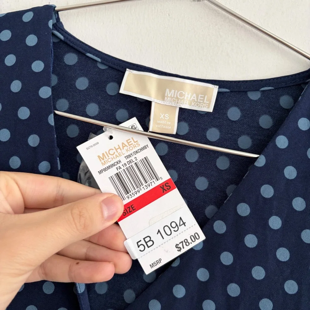 Michael Kors Navy Blue Polka Dot Peplum Top XS NWT MF95M9NCKH